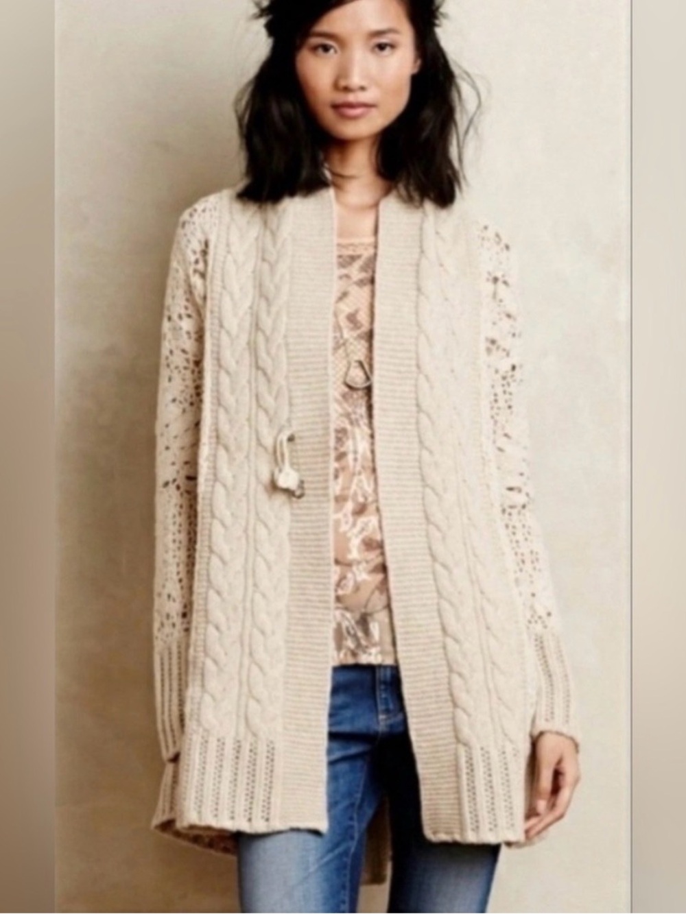 Angel Of The North Cream Cable-Knit Open Cardigan